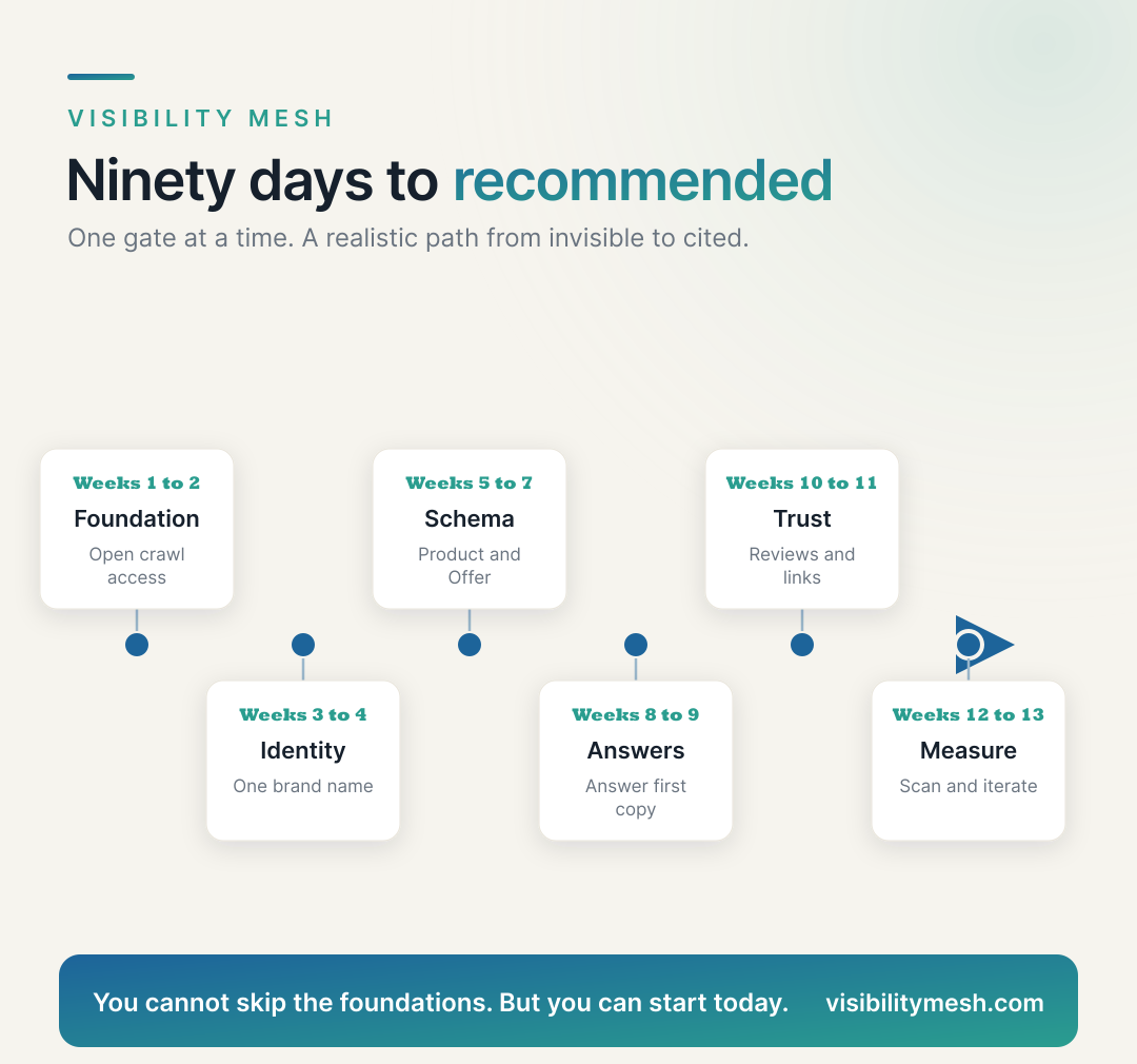 Your 90-Day AI Visibility Plan. A Visibility Mesh infographic for ecommerce AI visibility.
