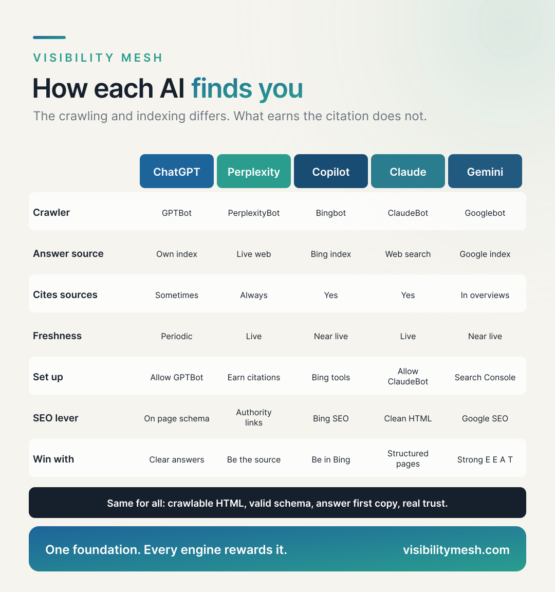 How ChatGPT, Perplexity, Copilot and Gemini Each Find Your Store. A Visibility Mesh infographic for ecommerce AI visibility.