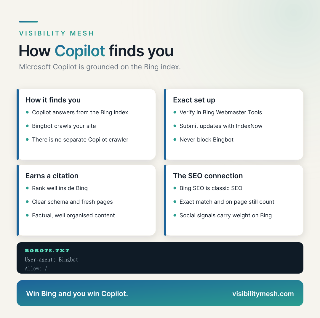 Copilot Runs on Bing: The Search Engine You Forgot. A Visibility Mesh infographic for ecommerce AI visibility.