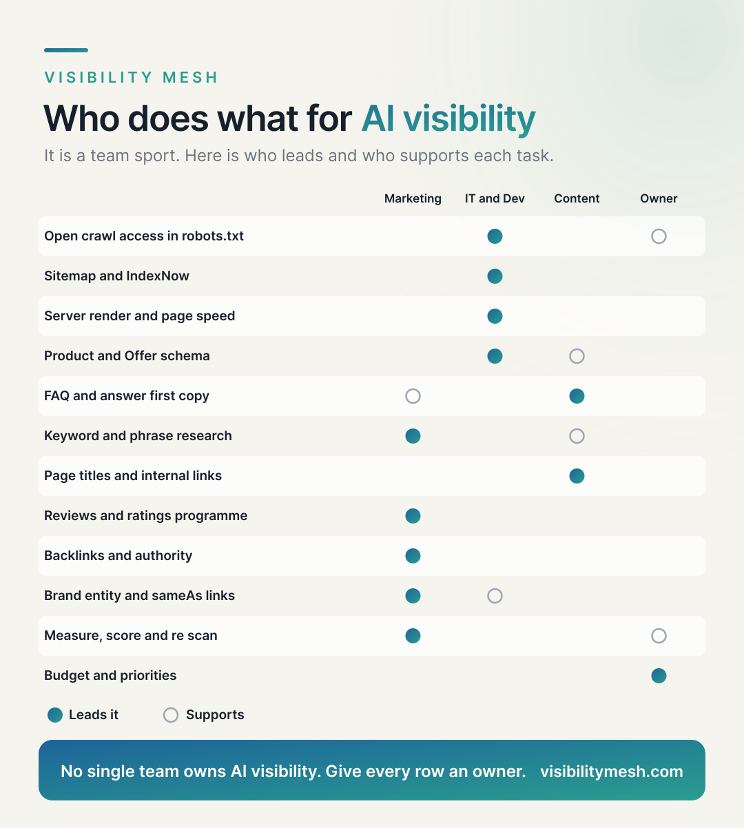 Who Owns AI Visibility: Marketing, IT, Content and the Founder. A Visibility Mesh infographic for ecommerce AI visibility.