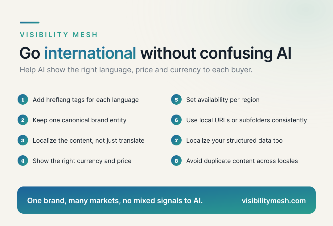 Going International Without Confusing AI: hreflang and Localized Data. A Visibility Mesh infographic for ecommerce AI visibility.