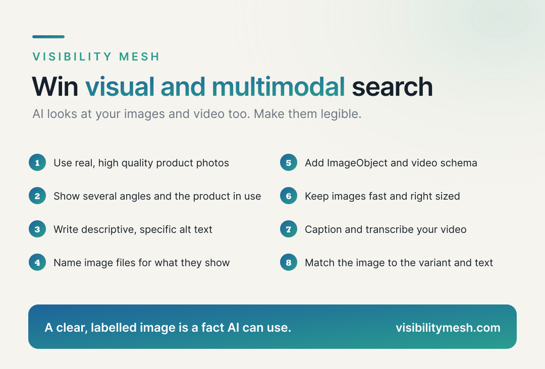 Visual Search: Getting Products Found by Image AI. A Visibility Mesh infographic for ecommerce AI visibility.