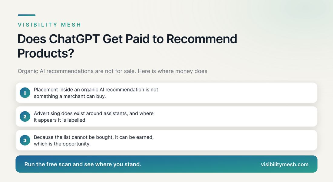 Does ChatGPT Get Paid to Recommend Products?. A Visibility Mesh guide for ecommerce AI visibility.