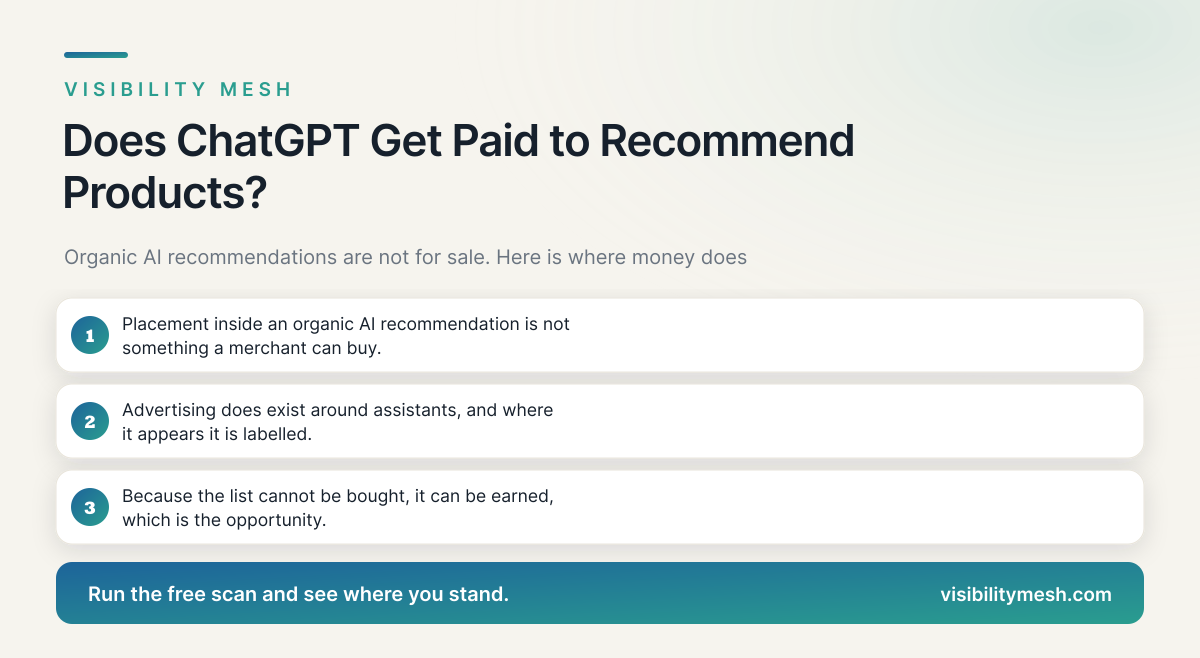 Does ChatGPT Get Paid to Recommend Products?. A Visibility Mesh guide for ecommerce AI visibility.