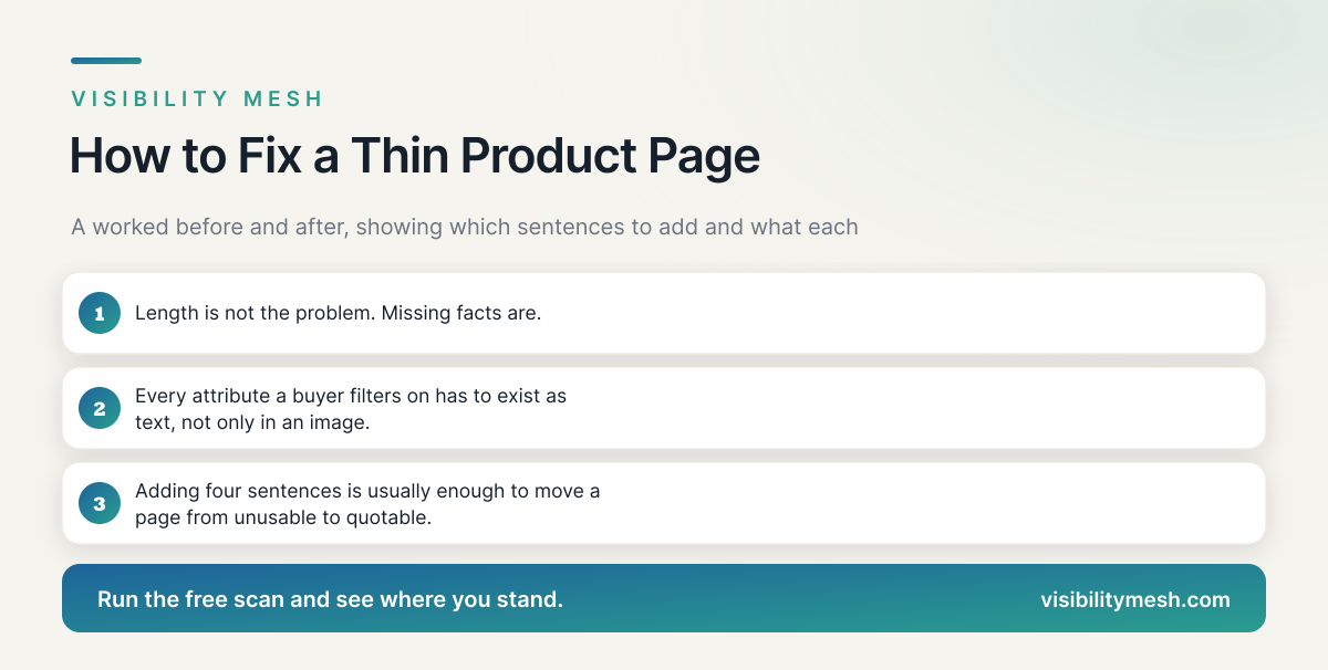 How to Fix a Thin Product Page. A Visibility Mesh guide for ecommerce AI visibility.