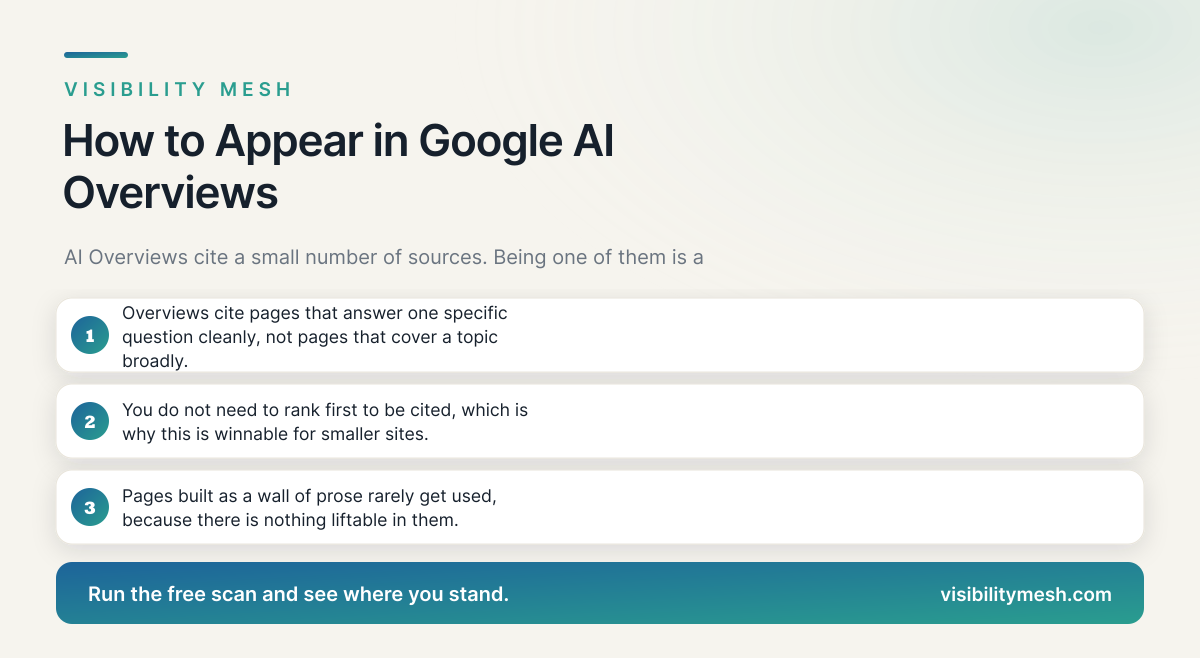 How to Appear in Google AI Overviews. A Visibility Mesh guide for ecommerce AI visibility.