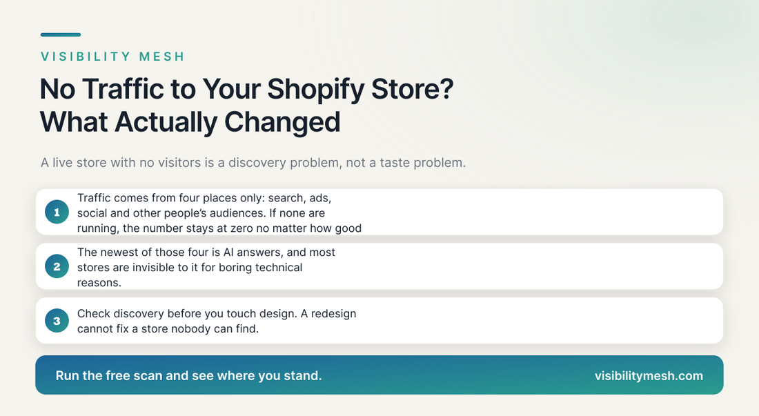 No Traffic to Your Shopify Store? What Actually Changed. A Visibility Mesh guide for ecommerce AI visibility.