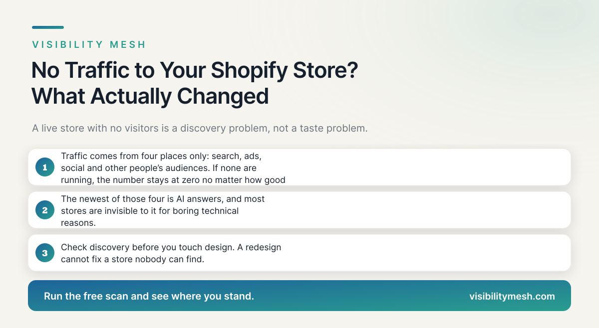 No Traffic to Your Shopify Store? What Actually Changed. A Visibility Mesh guide for ecommerce AI visibility.