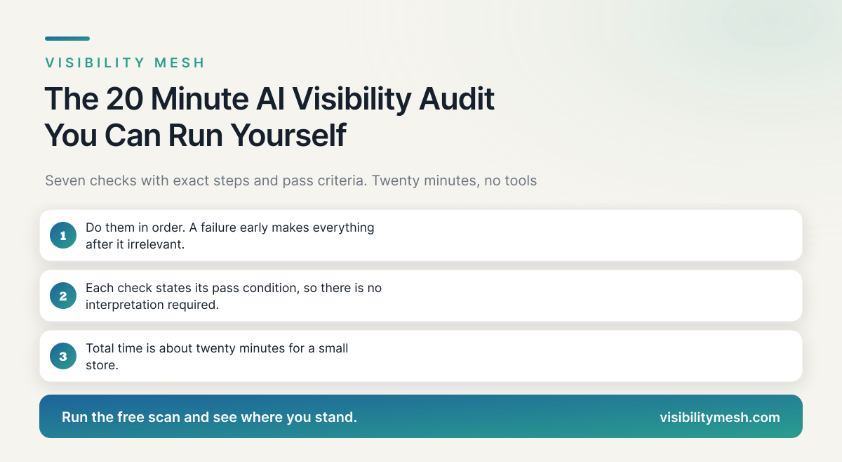 The 20 Minute AI Visibility Audit You Can Run Yourself. A Visibility Mesh guide for ecommerce AI visibility.