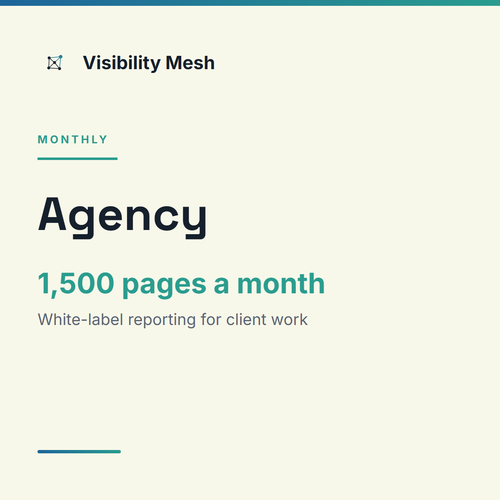 Visibility Mesh Agency plan card: 1,500 pages a month, white-label reporting for client work