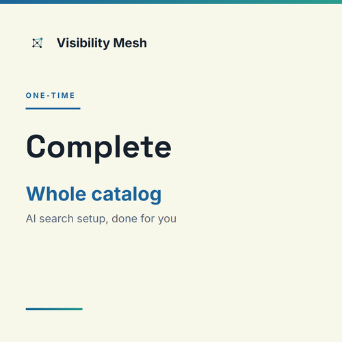 Visibility Mesh Complete setup card: AI search setup done for you, whole catalog