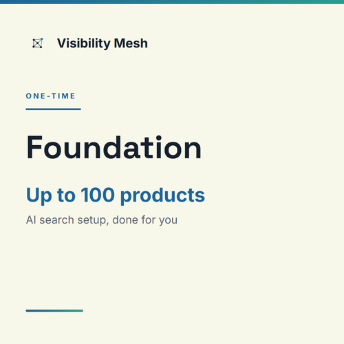 Visibility Mesh Foundation setup card: AI search setup done for you, up to 100 products