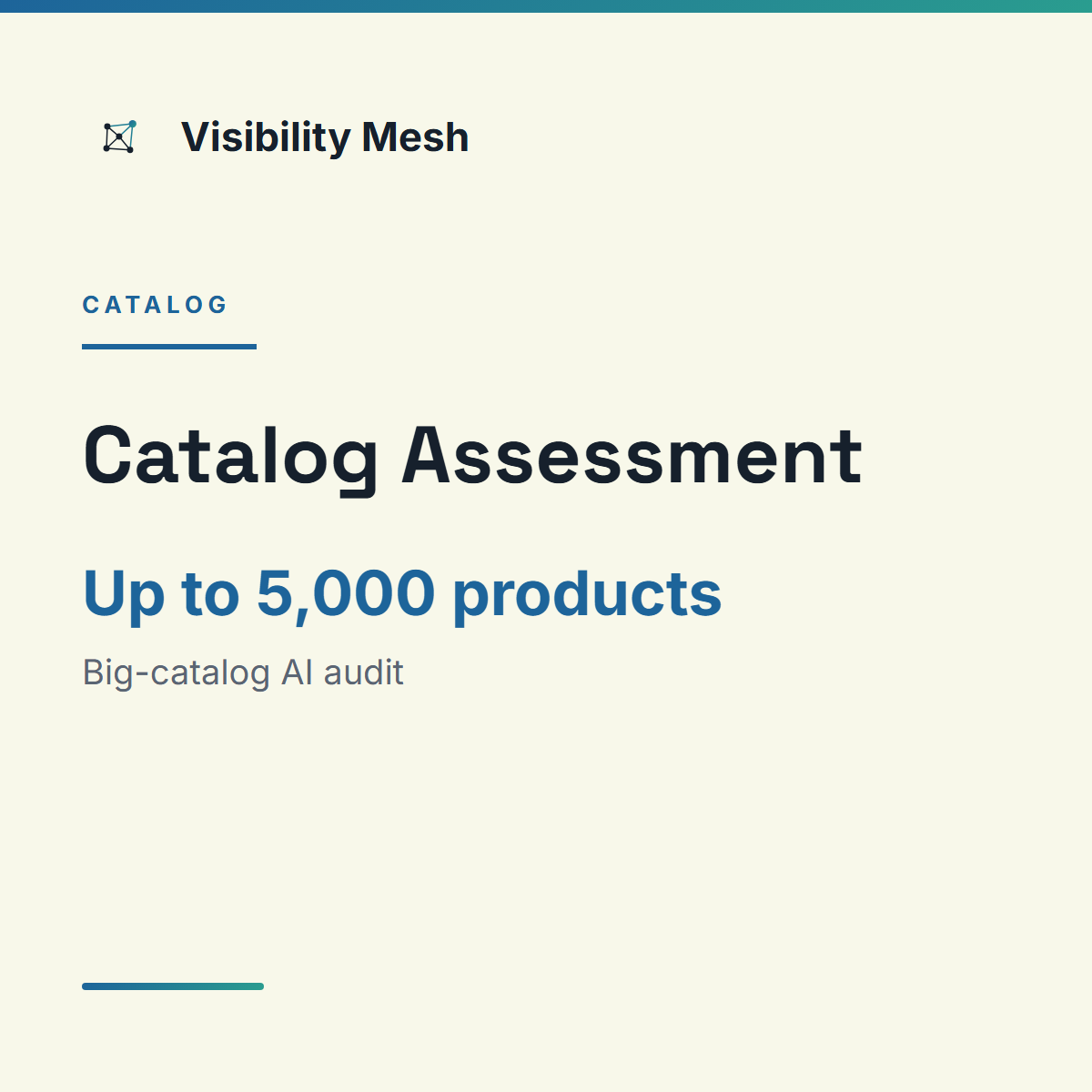 Visibility Mesh Catalog Assessment card: big-catalog AI audit, up to 5,000 products