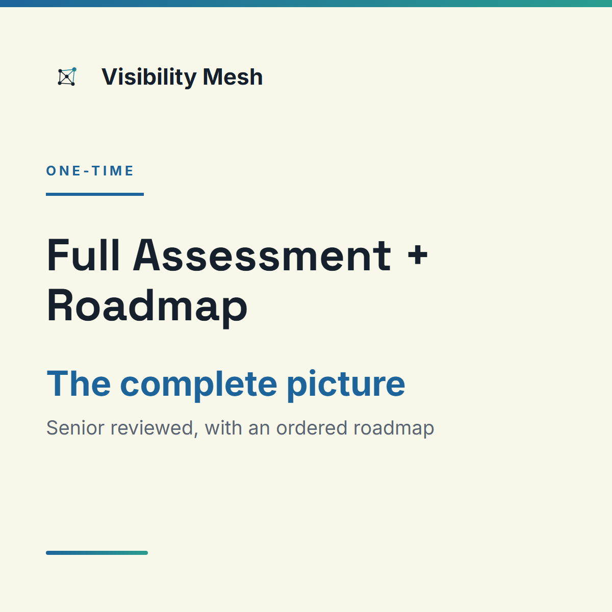 Visibility Mesh Full Assessment and Roadmap card: the complete picture, senior reviewed with an ordered roadmap