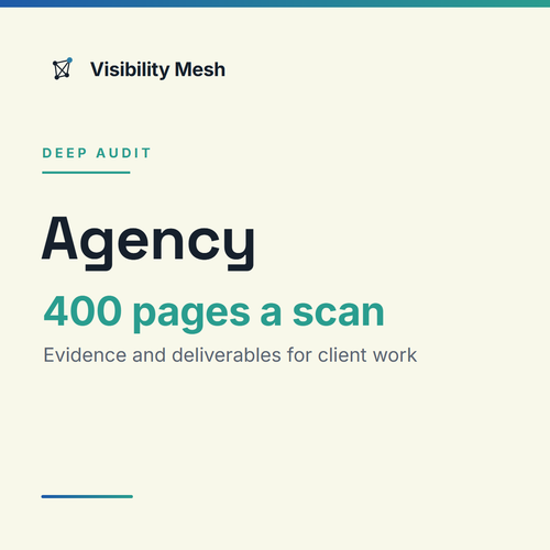 Visibility Mesh Agency plan card: 400 pages a scan, evidence and deliverables for client work