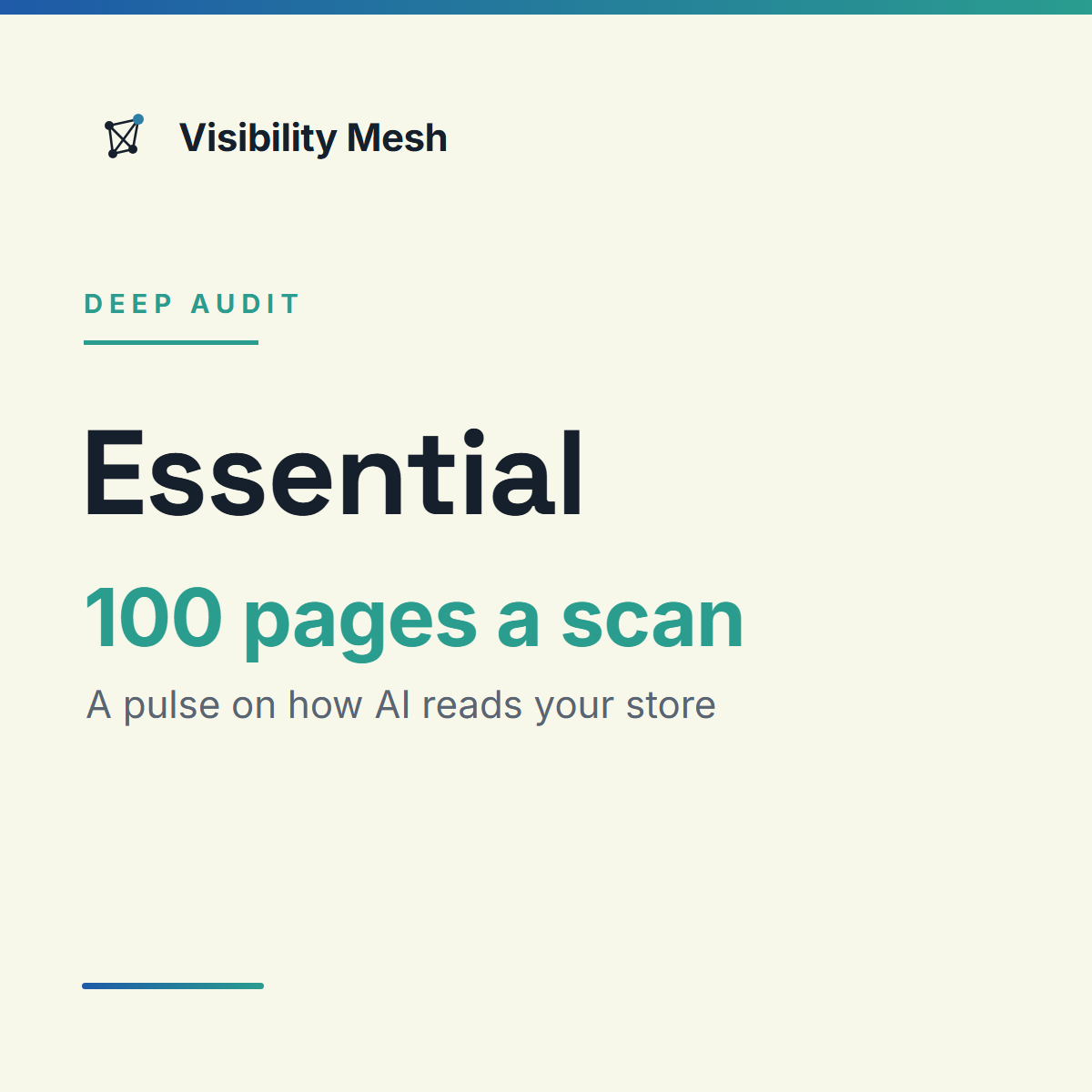 Visibility Mesh Essential plan card: 100 pages a scan, a pulse on how AI reads your store